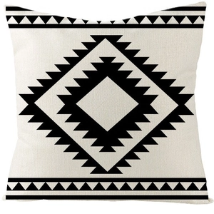 Moroccan geometric black and white linen throw pillow cover with tribal pattern