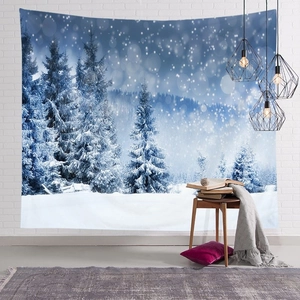 Detail of Nordic Christmas tree tapestry with high-definition forest snow scene print