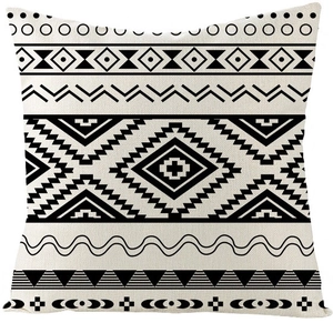 Bohemian Moroccan black and white geometric pattern pillowcase in cream linen texture