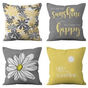 Housses de Coussin Décoratives avec Motifs de Marguerites Jaunes Grises et Blanches Sunshine Slogan pour Canapé Maison