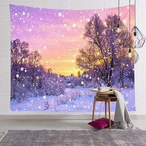 Detail of Nordic Christmas wall tapestry featuring a snowy winter forest scene on white wall