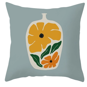 Nordic abstract floral pillow cover with yellow and orange flowers on a blue-grey base