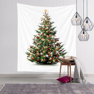 Nordic Christmas tree tapestry hanging on a white brick wall for festive home decor