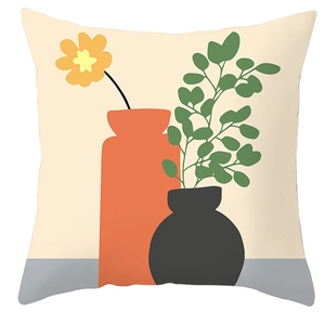 Detail of Nordic minimalist pillowcase featuring orange and black floral vase illustrations