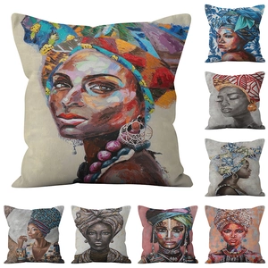 African Woman Portrait Watercolor Art Cushion Cover Ethnic Style Decorative Polyester Square Pillowcase For Sofa Home Decor