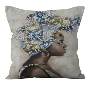 Detail of African woman portrait pillowcase with floral headwrap and gold earrings