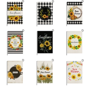 Detail van een 3x3-lay-out van diverse zonnebloem tuin vlaggen met linnen textuur