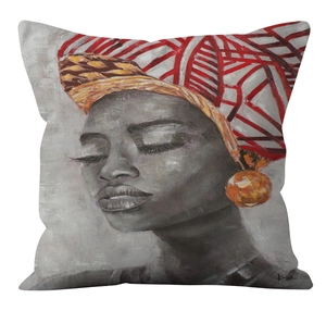 Detailed macro of textured canvas pillowcase with colorful African woman oil painting art