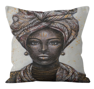 Close-up of African woman portrait artwork printed on a square decorative cushion cover