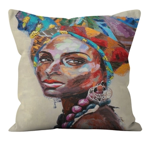 Detail view of African woman portrait pillow cover with vibrant oil painting style textures