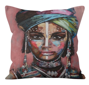Detailed close-up of African woman portrait oil painting print on square cushion cover