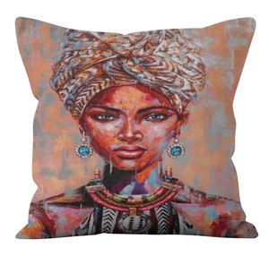 Detail of artistic African woman portrait print on square throw pillow case