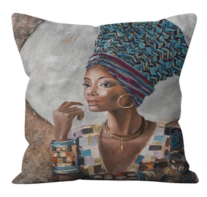 Detailed close-up of African woman portrait print on square cushion cover with gold patterns
