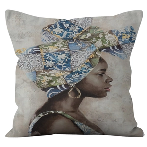 Bohemian style square pillow cover with African woman portrait and colorful artistic turban