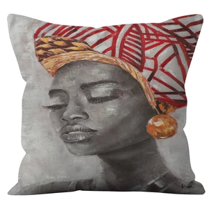 Artistic African woman portrait cushion cover with vibrant red and yellow headwrap