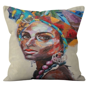 African woman portrait oil painting cushion cover with vibrant colors on linen texture