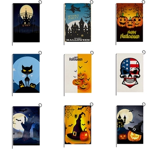 Detailed grid of 9 Halloween garden flags featuring pumpkins and spooky castle designs