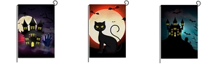 Detailed views of three Halloween garden flags featuring ghosts, cats, and spooky castles