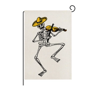 Linen Halloween garden flag with skeleton violinist and black metal L-shaped hanger