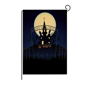 Halloween garden flag with pumpkin and haunted house silhouette on blue flax background