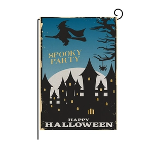 Halloween garden flag featuring a witch, gothic castle, and Spooky Party message on a stand