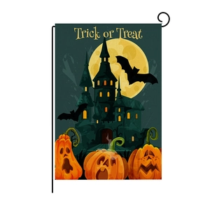 Detailed texture of Halloween garden flag with skull castle and pumpkin on metal hanger