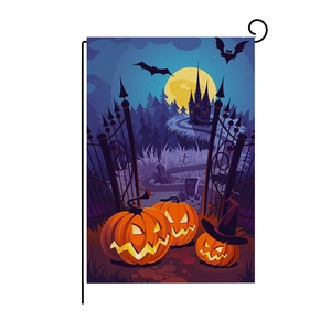Halloween garden flag with pumpkin, haunted castle, and full moon on linen fabric