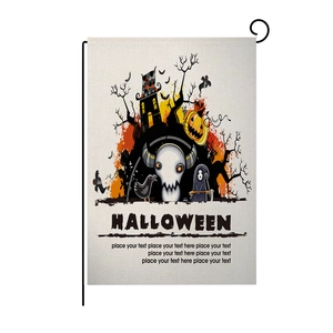 Detail of linen Halloween garden flag featuring skull, pumpkin, and vintage metal hanger