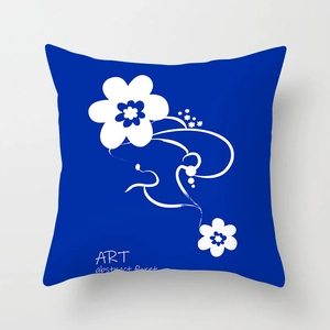 Nordic abstract floral art pillow cover in navy blue with white line facial patterns