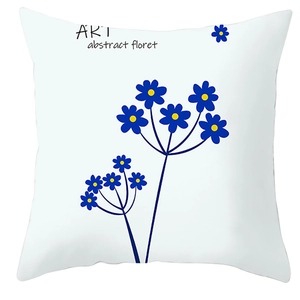 Minimalist Nordic abstract floral cushion cover with navy flower and art text on white