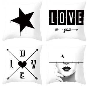 Detailed four-piece minimalist black and white pillow cover set with geometric art
