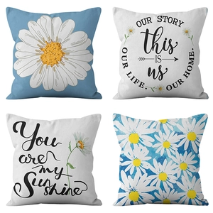 Set of 4 Daisy cushion covers in sky blue and white with motivational quotes