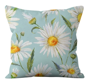 Detail of blue watercolor daisy pillowcase showing floral fabric texture and vibrant petals