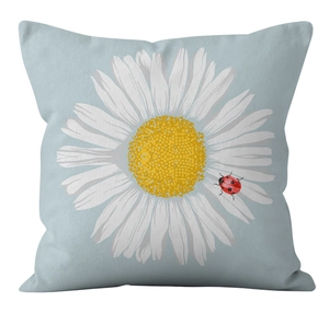 Detailed texture of blue daisy pillowcase with ladybug detail on high quality cotton fabric