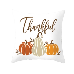 Detail of square Thanksgiving pillowcase with pumpkins and Thankful script on white base