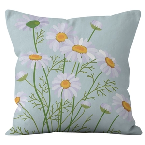 Blue square daisy pillow case with purple flower print and green leaves for home decor