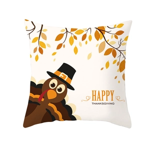 Detailed view of square Thanksgiving pillowcase with turkey and autumn leaves graphic