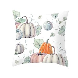 Detailed view of square pillowcase with watercolor autumn harvest pumpkin patterns