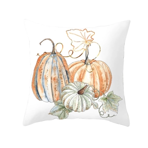Detail of white square pillowcase with watercolor pumpkin patterns for Thanksgiving