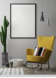 Close-up of geometric abstract short plush pillowcase on a yellow rocking chair