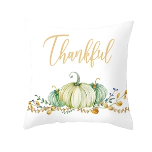 White Thanksgiving pillow cover featuring autumn pumpkins and golden Thankful script