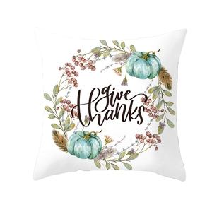 Detail of the Give Thanks lettering on a festive fall pumpkin harvest pillowcase