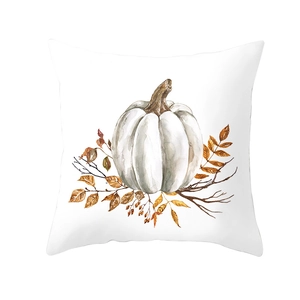 Detail of white pumpkin and autumn leaves watercolor print on square pillow cover