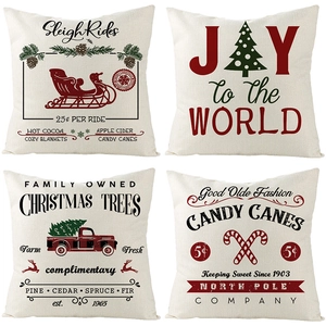 Lot de 4 housses de coussin de Noël en lin avec motifs de camions vintage et sapins