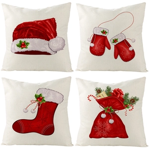 Lot de 4 housses de coussin de Noël en lin avec motifs rouges festifs pour canapé et lit