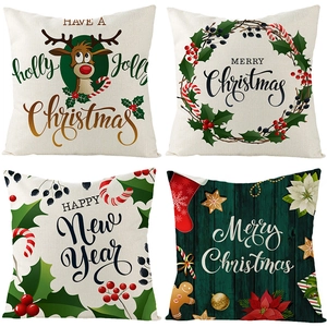 Lot de 4 housses de coussin de Noël en lin avec motifs de rennes et de fêtes du Nouvel An