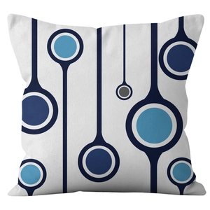 Abstract geometric square pillow cover with blue and grey dots on a white background