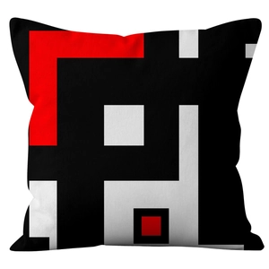 Modern abstract geometric pillow cover with red black and white blocks on white background