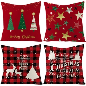 Lot de 4 housses de coussin de Noël en lin avec motifs rennes et sapins rouges pour canapé