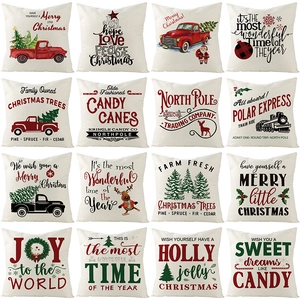 Taie d'Oreiller de Noël en Coton Lin Imprimé Lettre Camion Vintage Renne Motif Flocon de Neige Décoration de Fête